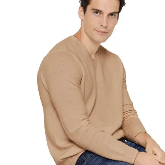 State Cashmere Men's Basic V Neck Sweater Camel Brown Size XXL Long Sleeve NEW